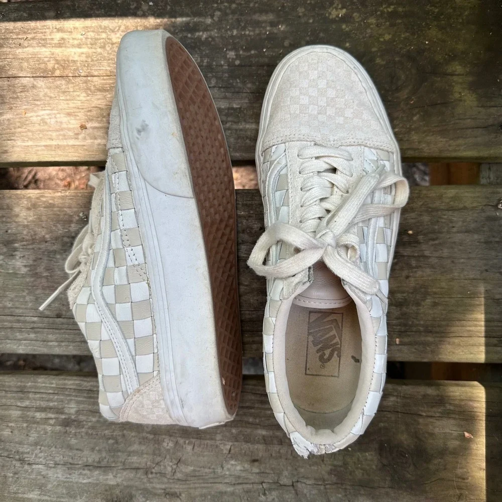 Vans Old Skool Woven Leather Checkerboard Sneakers Beige Men's Sz 8 Women's 9.5 - Picture 5 of 9